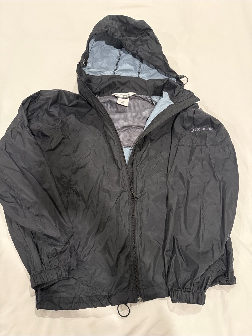Columbia Men's Dark Gray Hooded Rain Jacket with Light Blue Lining